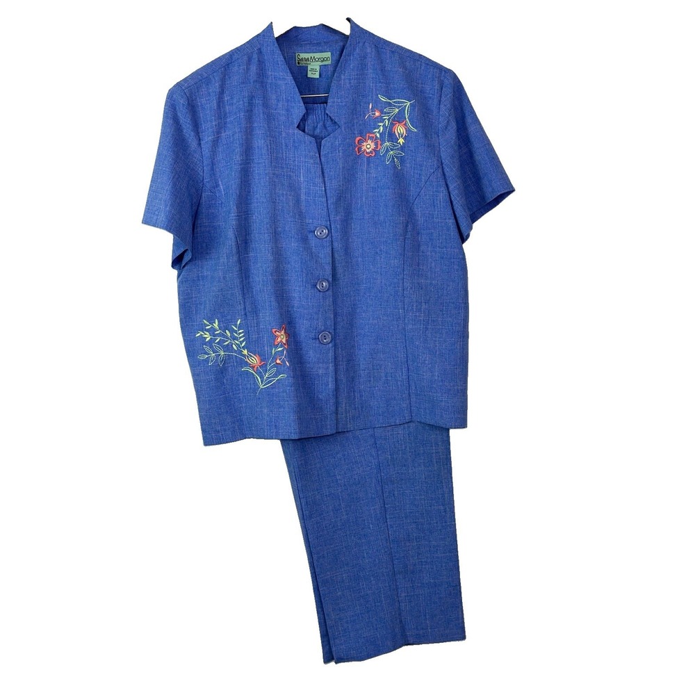 Sara Morgan 2 Piece Pants &Jacket Short Slv Embroidered Women's Sz XL Light Blue